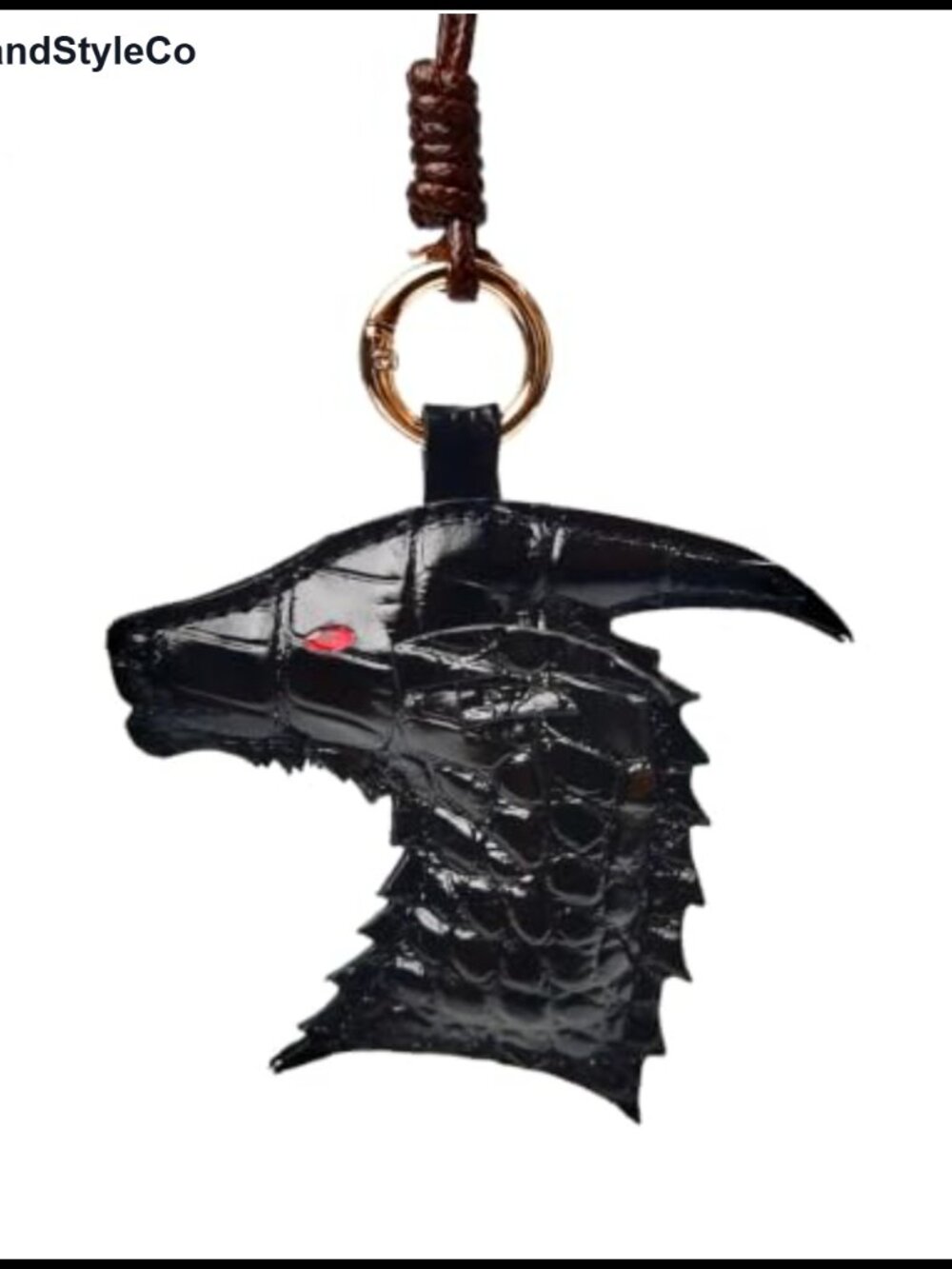 Dragon Head Genuine Cowhide Leather Bag Charm Keychain Gold-Tone Ring